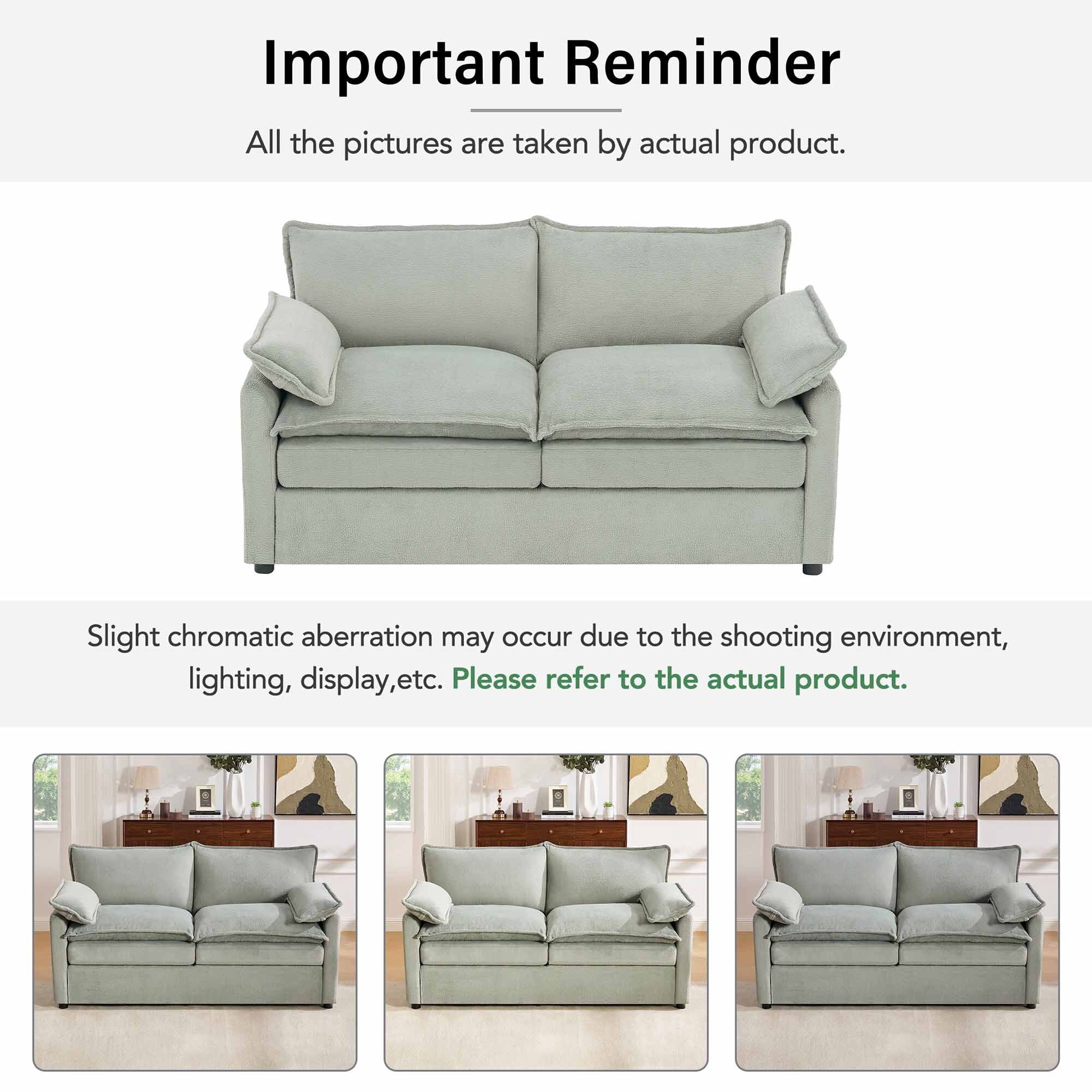 Lunale 2-Seater Sofa with Storage Pockets, Small Modern Cloud Couch for Living Room, Green Chenille