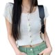 thumbnail image 2 of Camiseta corta de punto, Top corto de punto de manga corta ajustado dulce a la moda para verano, tamaño libre blanco, 2 of 12