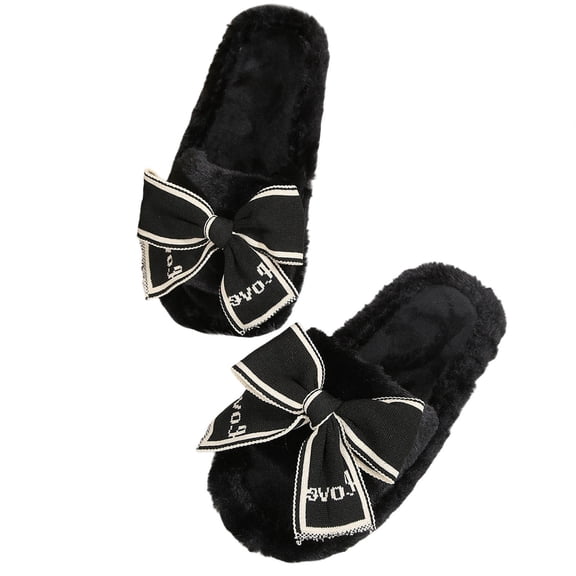 CHUMUD Women's Bow & Furry Slides - Plush Open-Toe Mules for Indoor Wear, Wide Fit Cozy Fall Winter Shoes