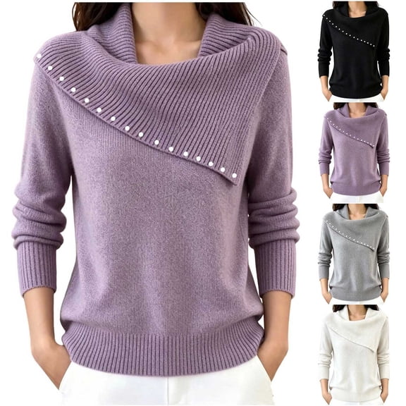 Vynhevius Womens Beaded Cowl Neck Sweater Long Sleeve Casual Winter Pullover Top