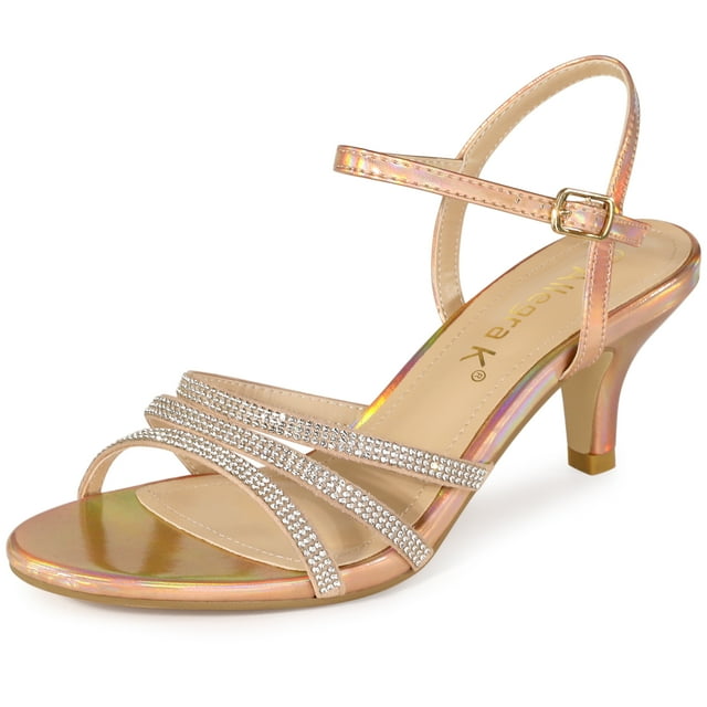 BLISSFUL STEP Sandales à Talon Chaton pour Femmes en PU avec Bride à la Cheville et Strass