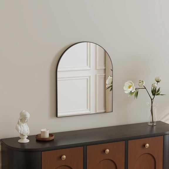 Black Arched Wall Mirror 15x18 Inch, Compact Metal Frame Mirror for Bathroom Vanity, Decorative and Space-Saving Wall Accent for Home Interiors