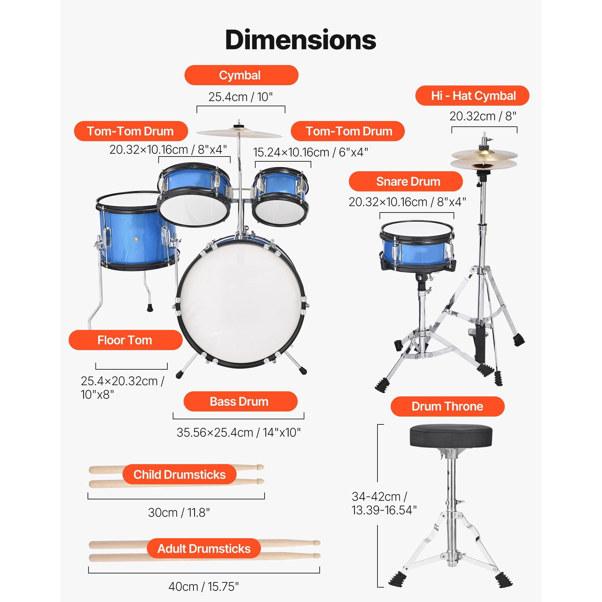 Kids Drum Set, 5-Piece 14 in Junior Drum Sets, Beginner Drums Set with Adjustable Throne, Cymbal & Two Pairs of Drumsticks, Musical Learning Drums Instruments Kit, for Children Ages 6-13 (Blue)