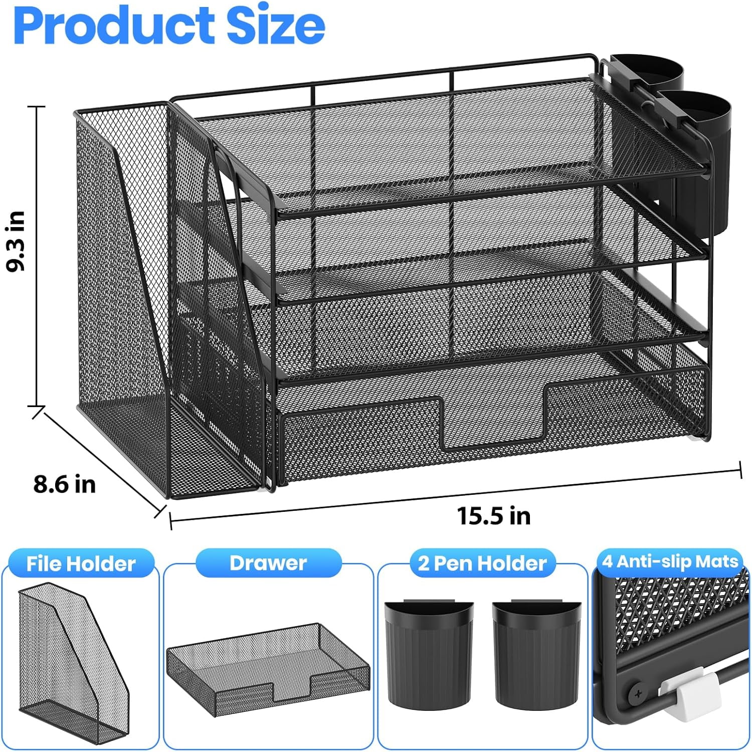 Desk Organizer and Accessories, 4-Tier Desktop File Organizer with Drawer and 2 Pen Holders, Office Desk Accessories, Workspace Organizers for Office Supplies(Black)