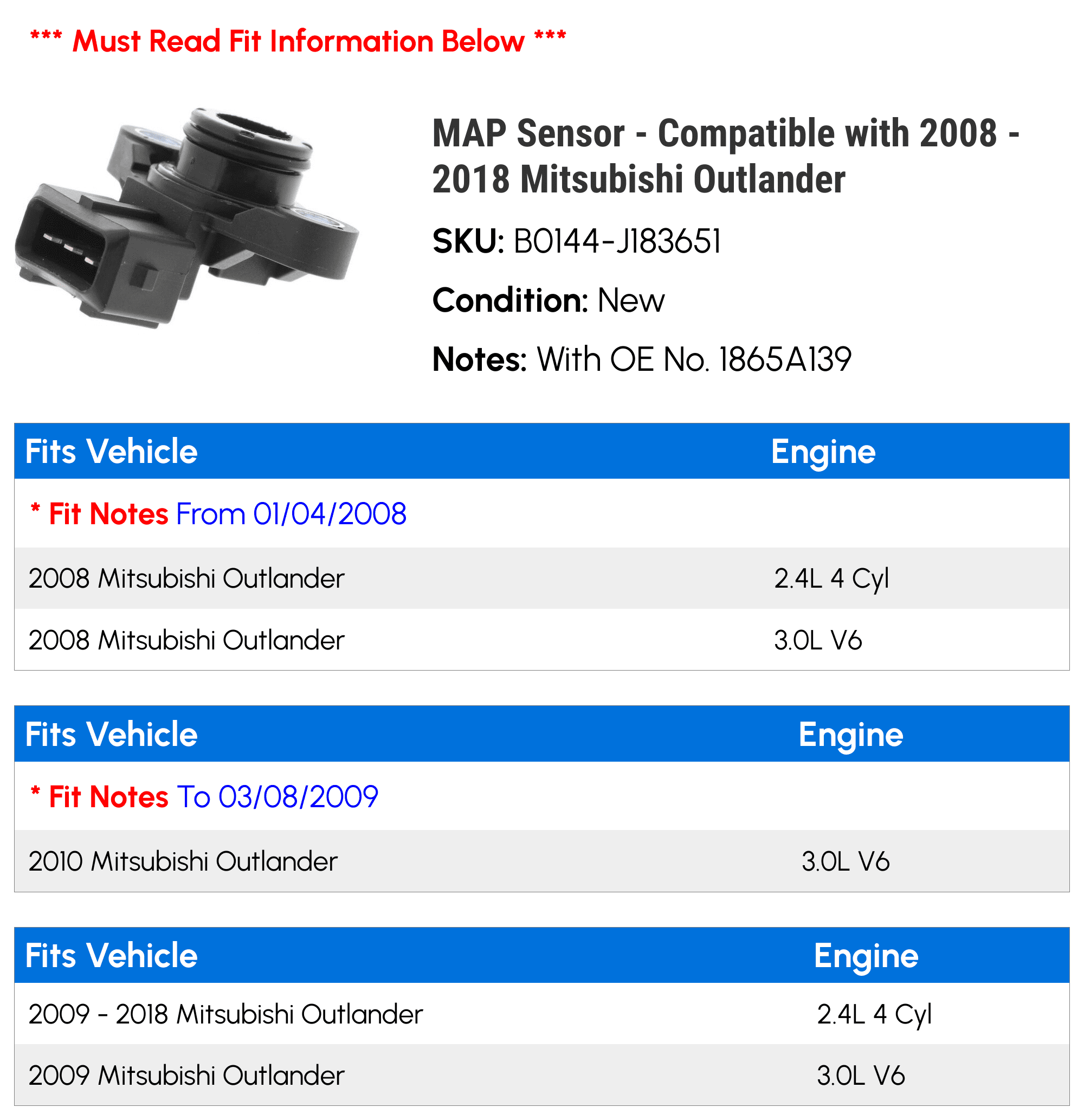 MAP Sensor - Compatible with 2008 - 2018 Mitsubishi
