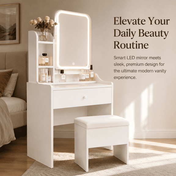 Cream White Vanity Set with LED Mirror, Charging Station & Stool