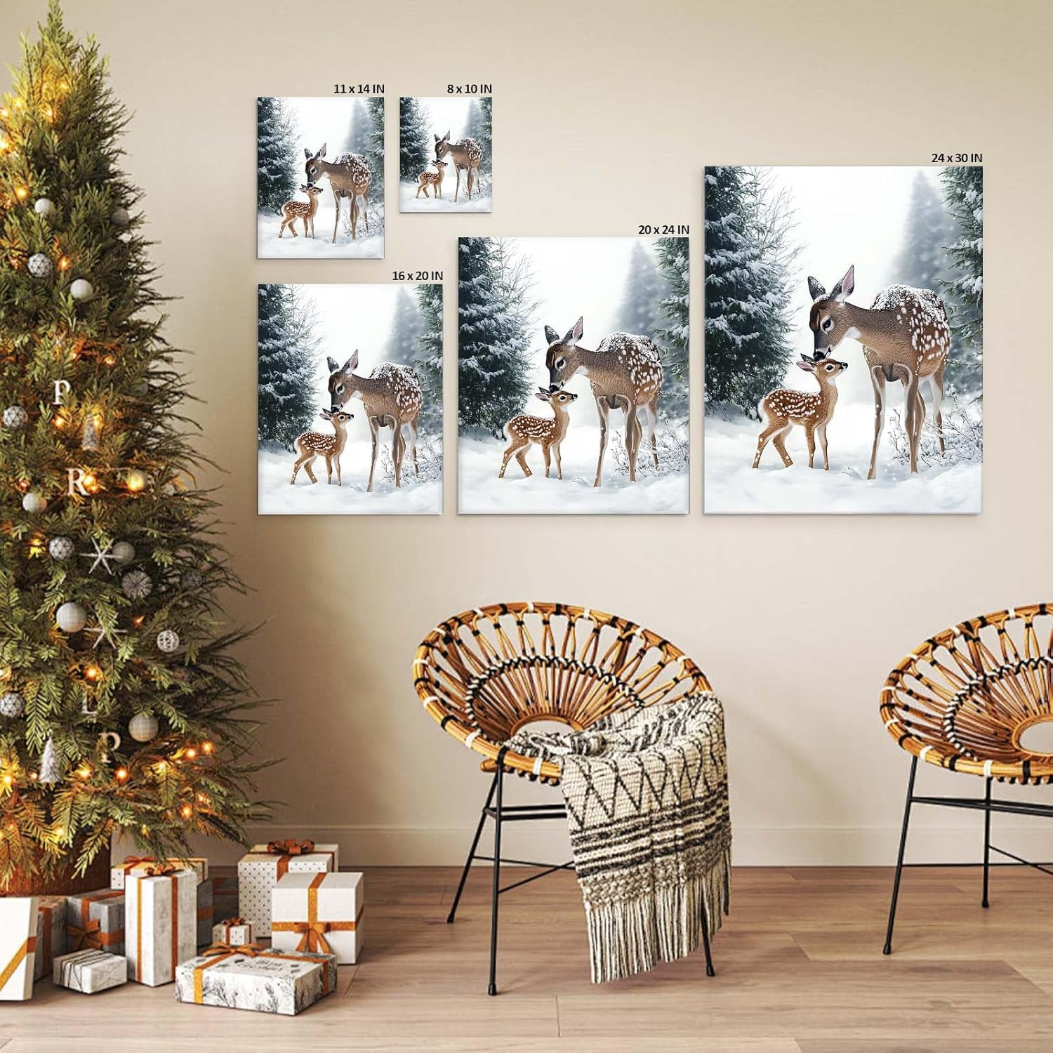 Christmas Canvas Wall Art Decor with Mother Reindeer and Fawn, Winter Holiday Canvas Print for Living Room and Bedroom, Christmas-Themed Wall Décor to Enhance Holiday Atmosphere?11X14 inch
