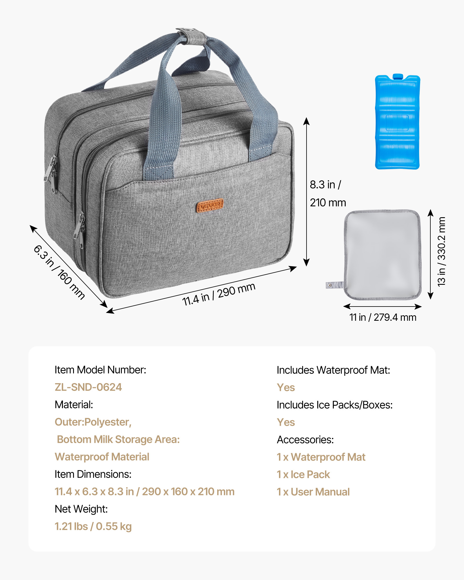 VEVOR Wearable Breast Pump Bag, Breast Feeding Bag with Ice Pack, Fits for M5/M6, Pumping Accessories & Breastmilk Storage, Portable Pump Carrying Case for Work, Travel & Family Use, Grey