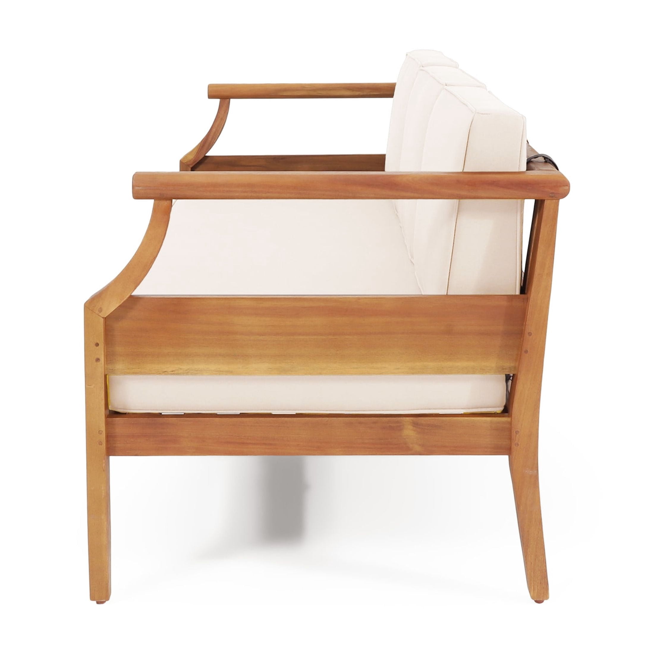 Edwin Mid-Century Modern Outdoor Patio Acacia Wood Sofa, Slat Design with Cushions, 73" Lounge Chair, Beige+Teak