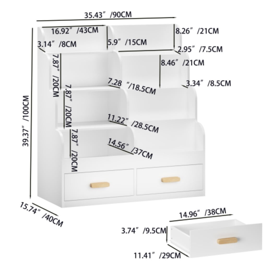 Kids Bookshelf with 2 Storage Drawers, Front-Facing Children's Bookcase & Toy Organizer, Multi-Tier Wooden Reading Shelf for Toddlers, Nursery, Playroom & Bedroom, White