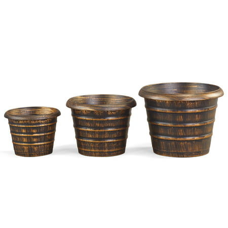 Rustic Planter Barrels - Set of 3, Use for Flowers or Vegetables with Hole for Proper