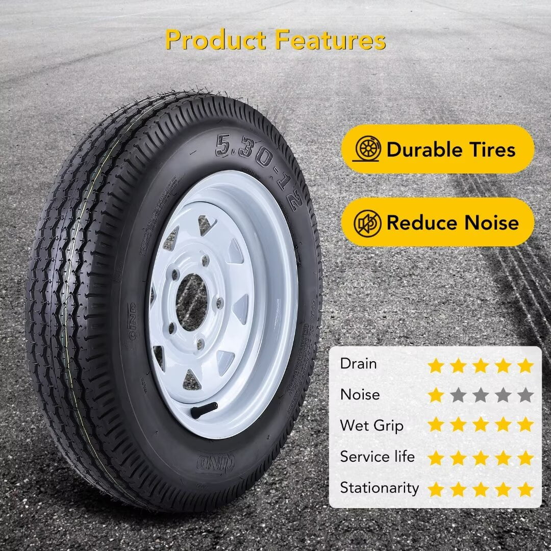 2 Pack 5.30-12 5.30x12 530-12 5.30-12 Trailer Tires with 12" Rims, 5 Lug on 4.5", Load Range C, 6PR