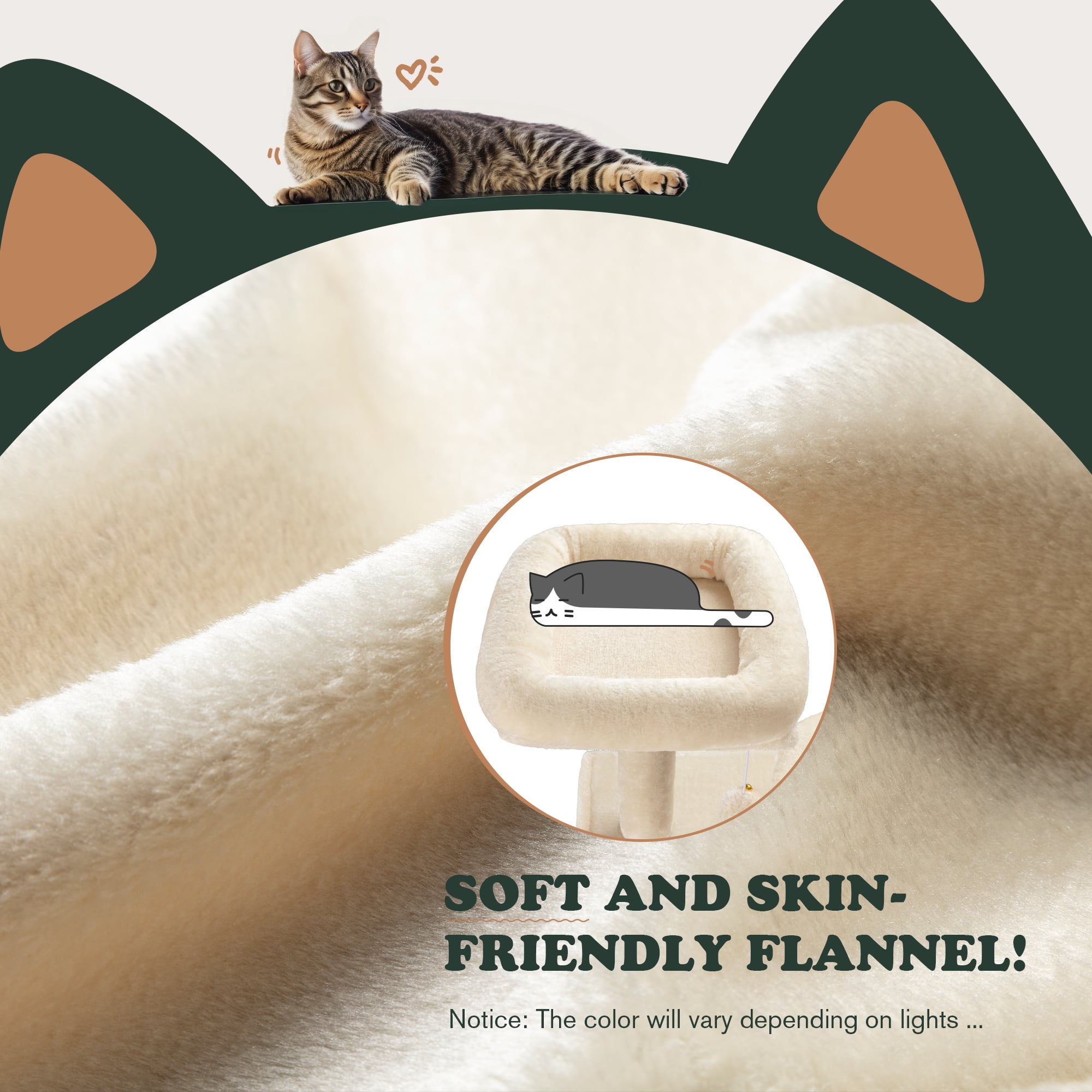 Amolife 65.7" Large Cat Tree and Tower Condo for Indoor Cats with 2 Scratching Boards, Hammock & Post, Beige