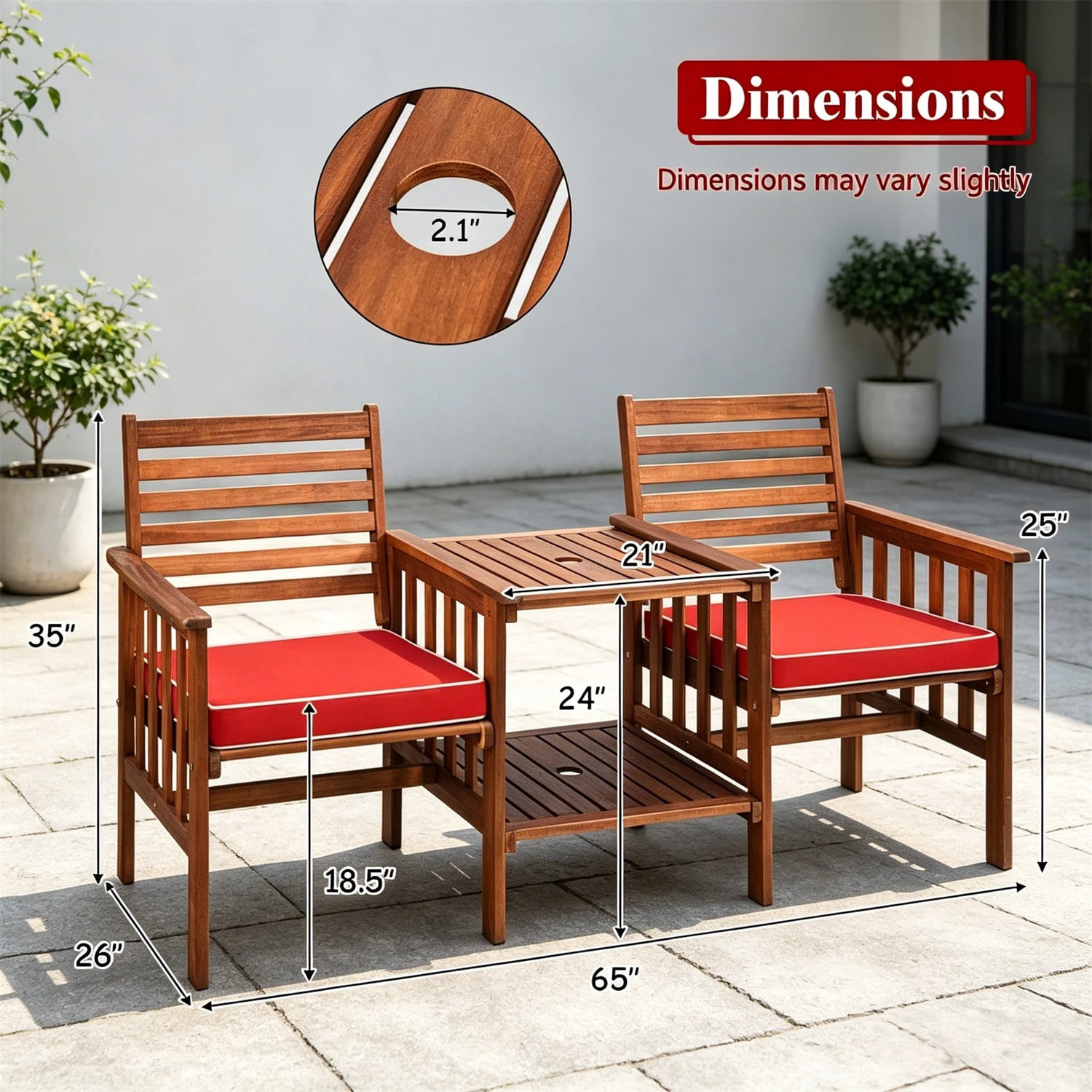 Hommoo 3-Piece Outdoor Patio Furniture Set, Acacia Wood Loveseat with 2 Cushions & Square Coffee Table, Red