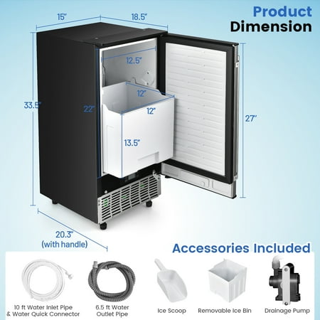 Costway - Built-in Ice Maker Free-Standing/Under Counter Machine 80lbs/Day w/ Drain Pump - Silver/Black