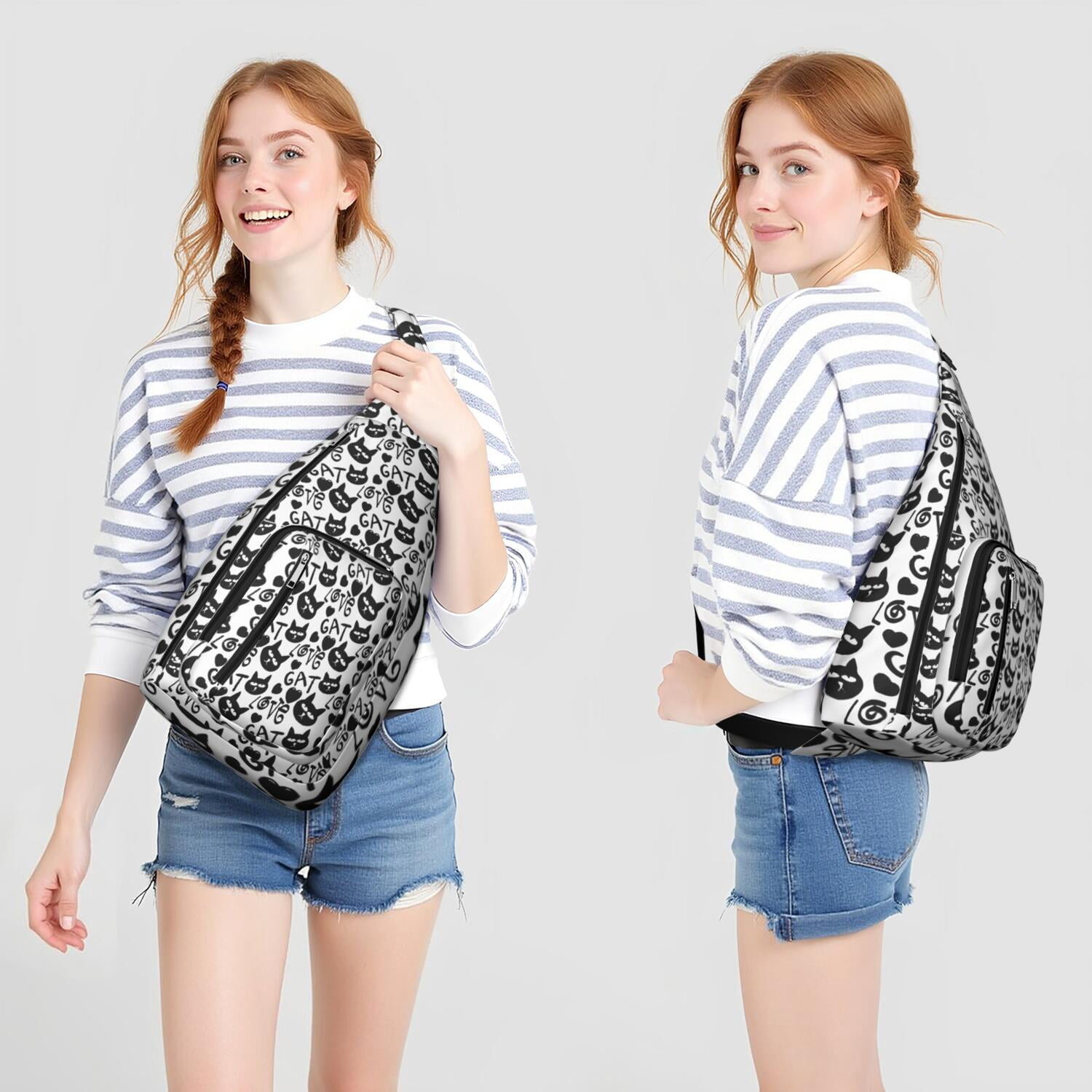 Floral Cat Shoulder Bag - Hand-drawn Cat Graphic Sling Backpack (Lightweight & Breathable, Organized Storage)