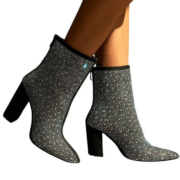 Womens Rhinestones Cowboy Boots Glitter Chunky Heels Sparkly Wide Mid Calf Cowgirl Ankle Booties Bridal Wedding Black