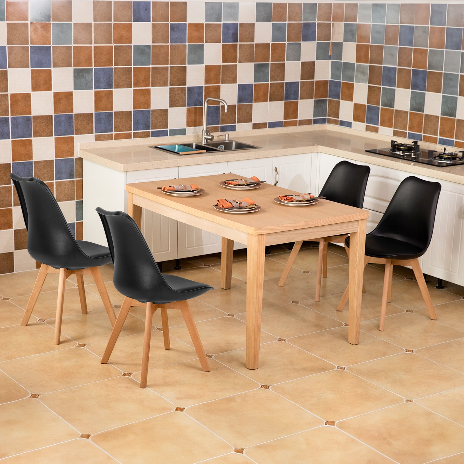 JOINSUN Set of 4 Dining Chairs with Comfortable PU Leather Cushions and Sturdy Wooden Legs, Black