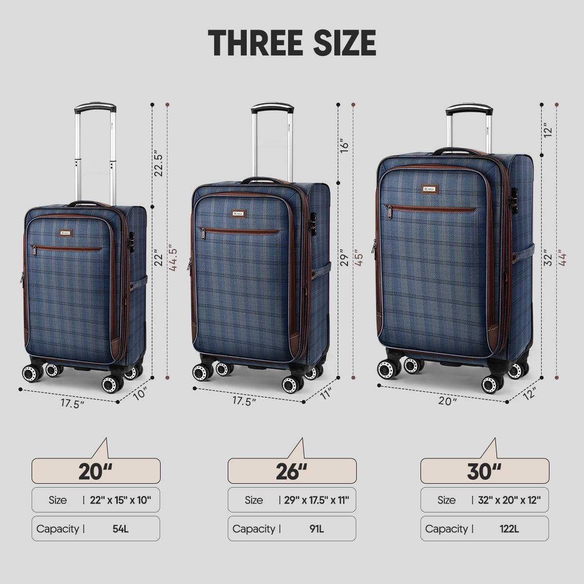 3 Piece Softside Luggage Set Lightweight Spinner Expandable Suitcases with TSA Lock, 20"/26"/30", XJ2511#2