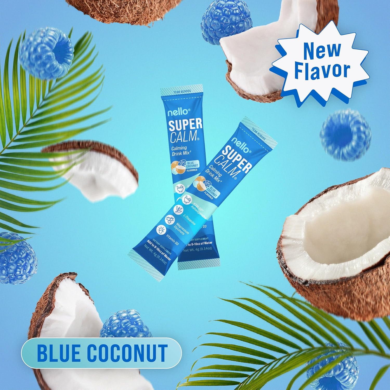 Nello Supercalm Drink Mix - Ashwagandha KSM 66, Magnesium Glycinate & L-Theanine Supplement - Ashwagandha Root Extract - Focus and Relaxation Support (20 Travel Packets) - Blue Coconut