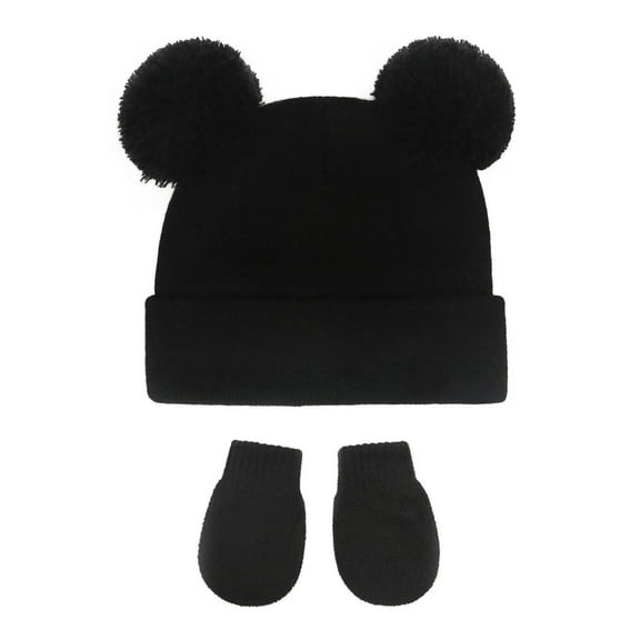 Gpaecead 6M-3T Baby Solid Color Fleece Hat Gloves Set Boy's And Girl's Knitted Warm Hat Gloves Two-Piece Set Black