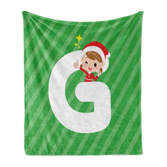 Christmas Alphabet Soft Flannel Fleece Blanket, Santa Female on a Letter G with a Green Tone Background, Cozy Plush for Indoor and Outdoor Use, 70" x 90", Green Dark Coral and White, by Ambesonne
