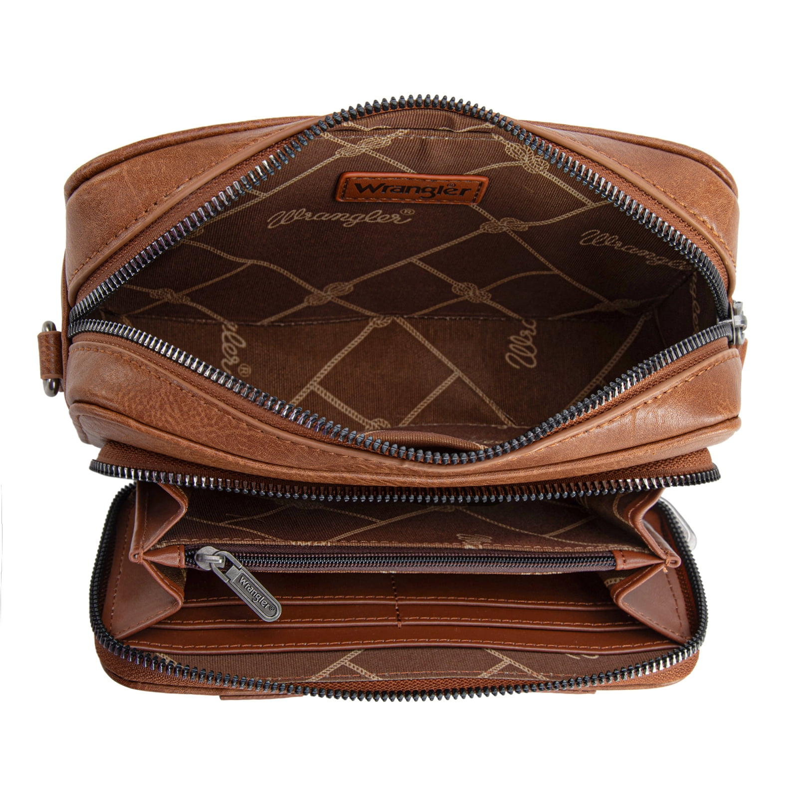 Wrangler Crossbody Bag for Women Vegan Leather Western Shoulder Purse Small Multi Pocket Crossbody Wallet Purse Crossover Bags with Adjustable Strap, Brown