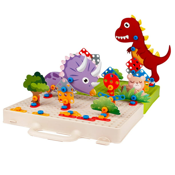 Vrurc 3D Screw Puzzle Animal Carnival and Dinosaur Battle Kids Drill Set  Building Blocks Toys, Creative Mosaic Electric Drill Set Gift for Kids Boys  Girls 
