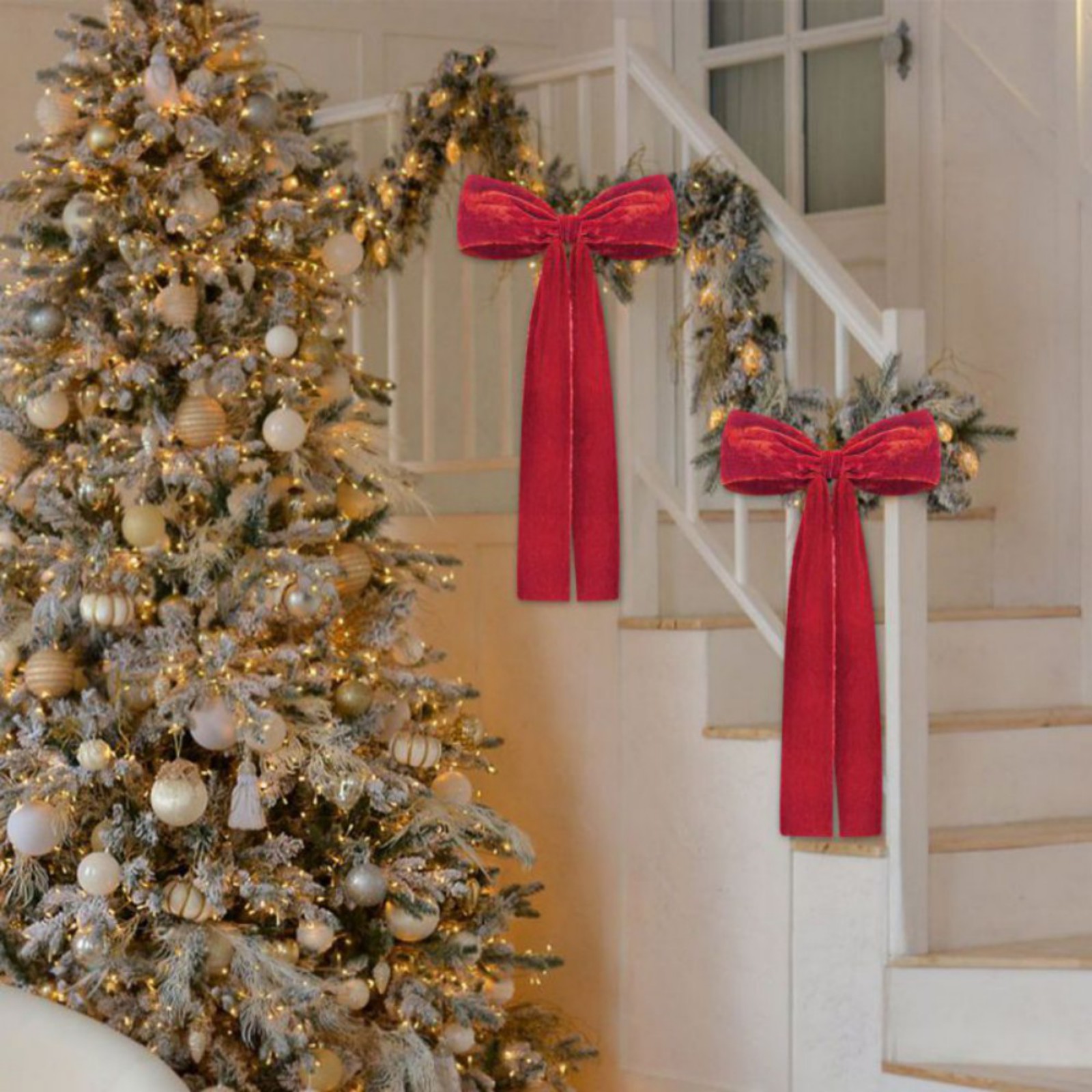 2PCS Christmas Velvet Ribbon Bows Large Fringe Holiday Tree Topper Vintage Raw Edge Bows for Christmas Tree,Stocking,Ornament,Rustic Crafts Bows for Xmas,Home Decor