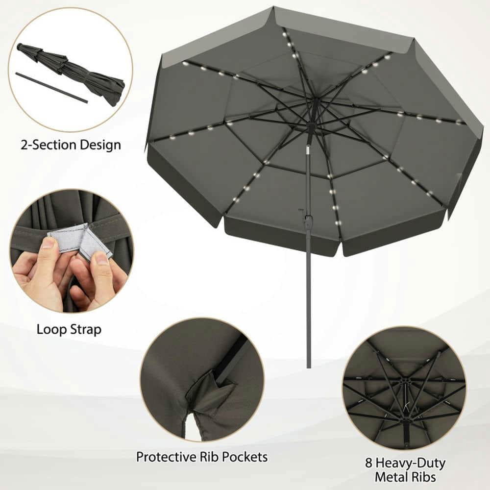 Spaco 10 Feet Solar Patio Umbrella with 3-Tier Vented Top, Outdoor Shade, Gray