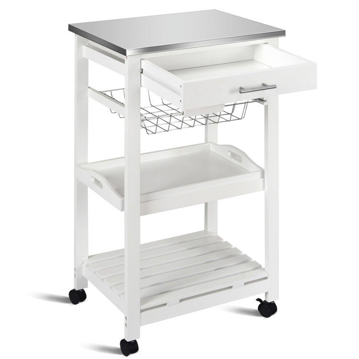 Finihen Rolling Cart, Kitchen Island Cart, Kitchen Island Cart with Stainless Steel Tabletop and Basket, for Kitchen, Dining Room, White Finihen Rolling Cart, Kitchen Island Cart, Kitchen Island Cart with Stainless Steel Tabletop and Basket, for Kitchen, Dining Room, White