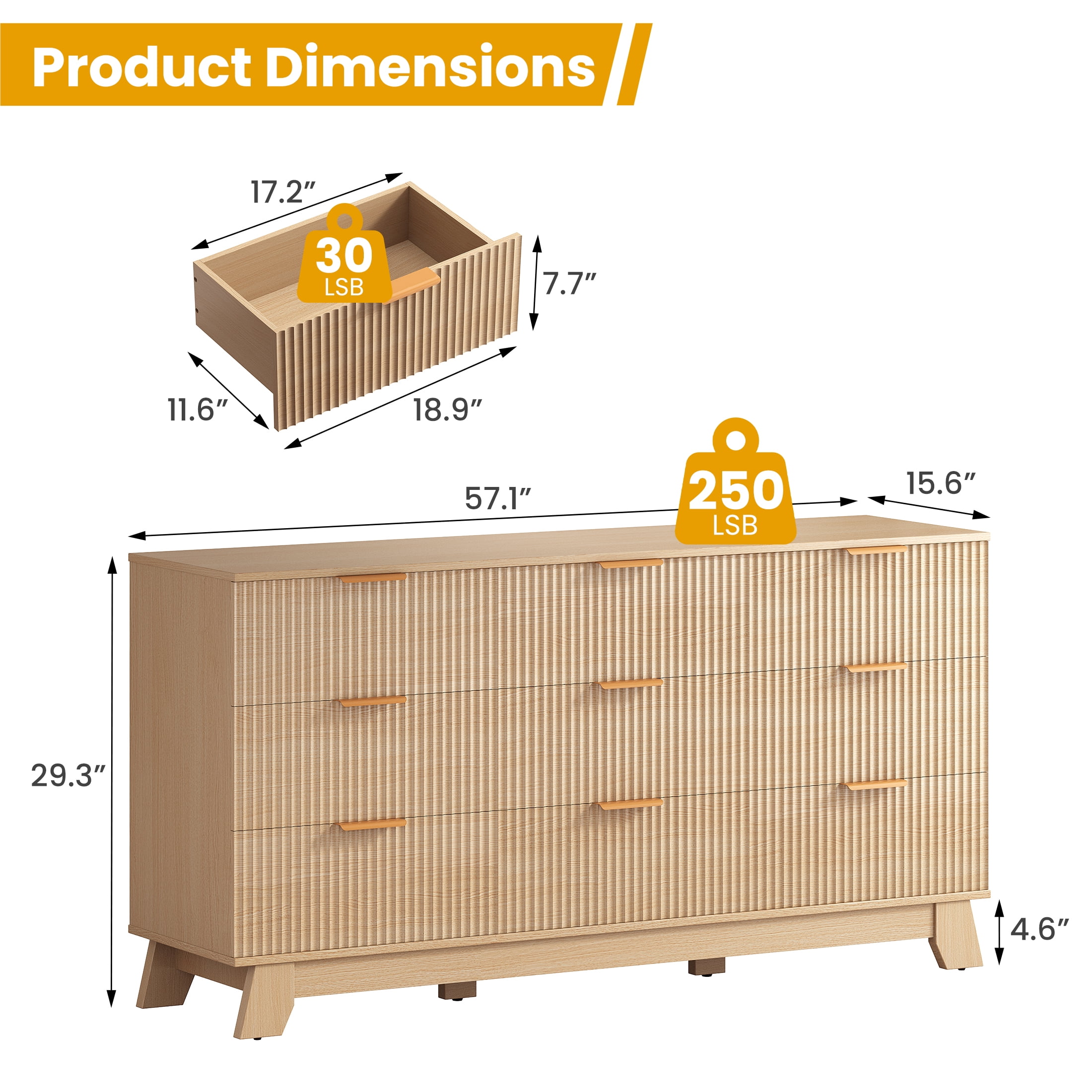 Gianna Fluted Dresser, 9 Drawer Dresser, Modern Wooden Chest of Drawers with Heightened Legs for Bedroom, Natural Wood