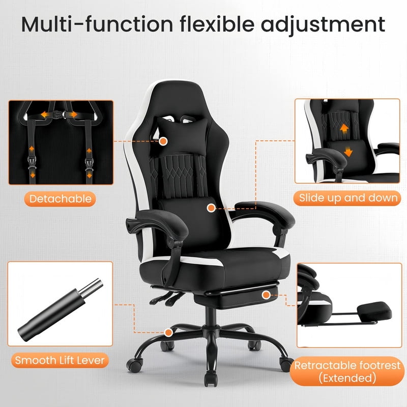 Kelno Ergonomic Gaming Chair with Footrest Lumbar Support Adjustable High Back Swivel Office Chair, Black