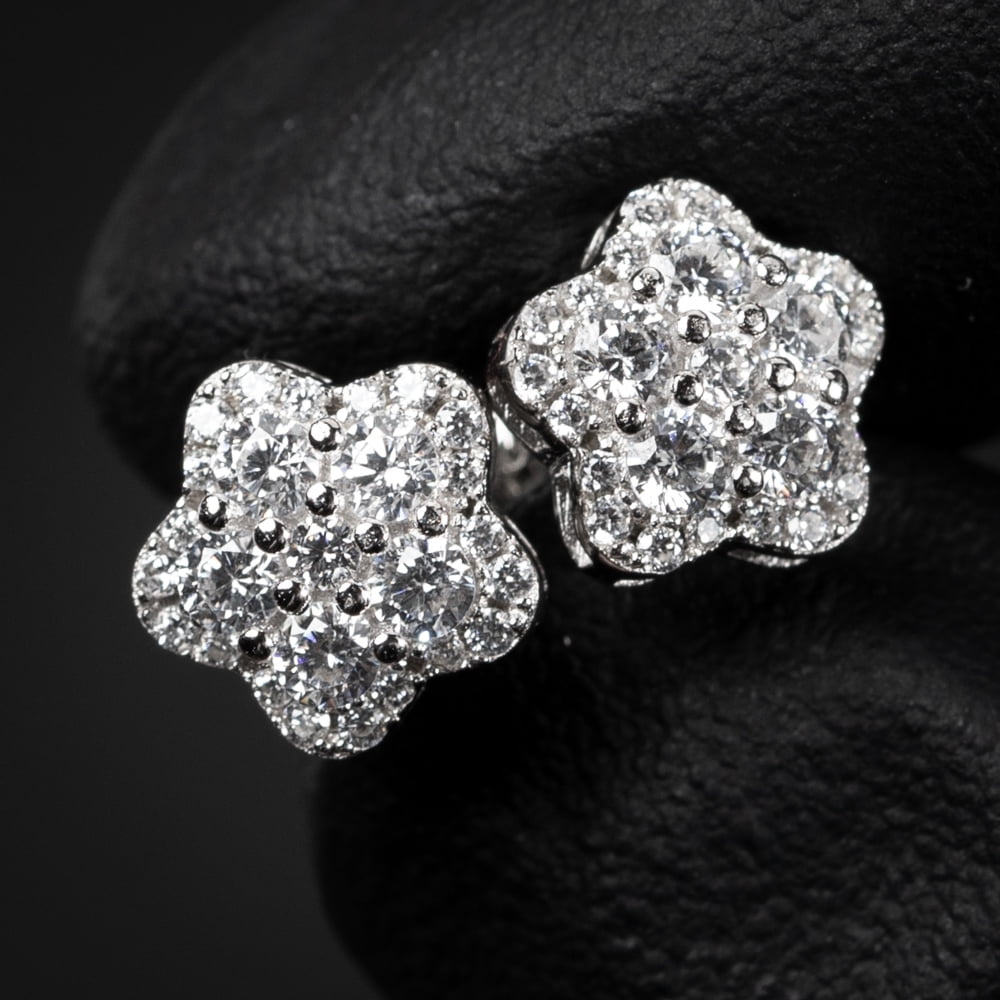 Men's Women's White Gold Sterling Silver Flower Cluster Star Hip Hop Screw Back Stud Earrings