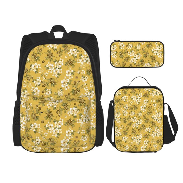 Easygdp Flower Mochila para Niños y Niñas con Set de Caja de Almuerzo y Estuche para Lápices 3 en 1, Mochila Escolar Estampada para Adolescentes