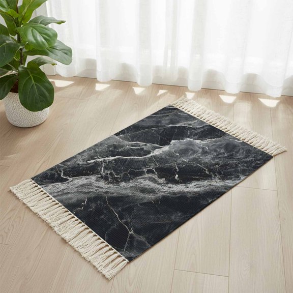 Bathroom Rug 2'x 3', Black Marble Woven Cotton Washable Rug with Tassels, Vintage Chic Abstract Texture Aesthetic Non Slip Front Door Mat for Entrance, Doorway, Hallway, Laundry Room