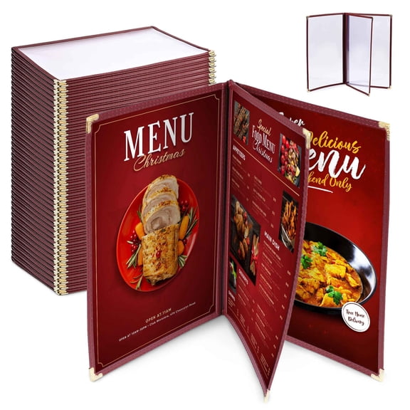 WeChef 30 pack 8.5"x14" Restaurant Menu Book Covers 3 Page 6 View Book Style for Cafe Hotel Bar Burgundy