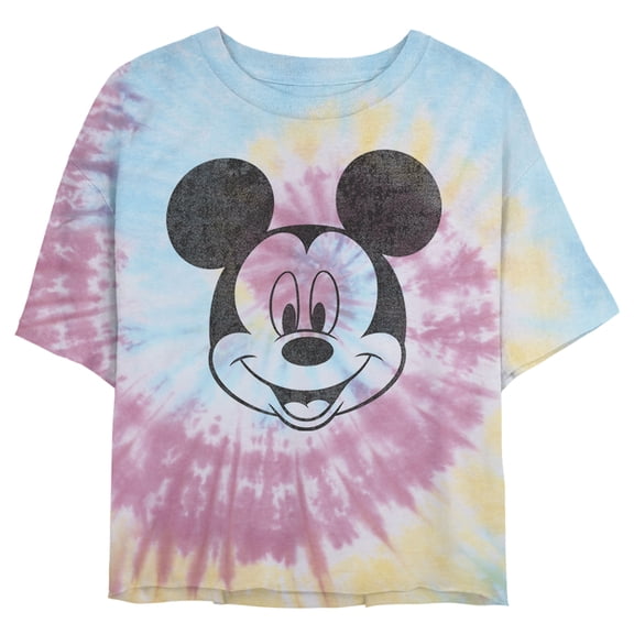 Juniors' Mickey & Friends Smiling Mickey Mouse Distressed Graphic Cropped T-Shirt Blue/Pink/Light Yellow Large