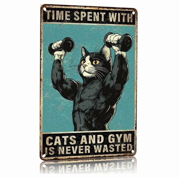 Funny Cat Gym Motivational Metal Sign 8x12 Inch Aluminum Fitness Workout Poster with Muscular Cat Lifting Weights Inspirational Wall Art for Home Gym Office Decor