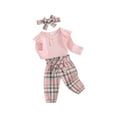 thumbnail image 2 of Musuos Baby Girls Fall Outfits 3 6 9 12 18M Solid Color Buttons Long Sleeve Rompers Plaid Long Pants Headband 3Pcs Clothes Set, 2 of 10