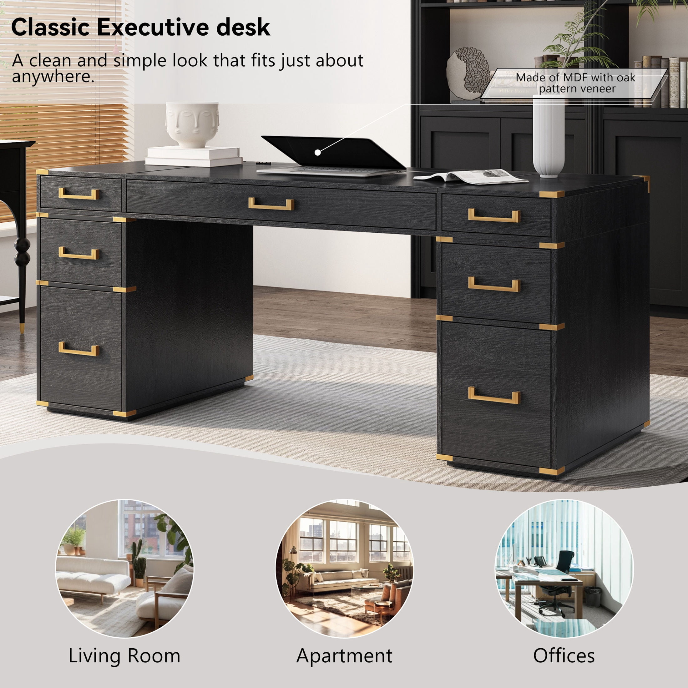 GDF Studio Morad 70" Extra-Large Classic Executive Desk with Metal Edge Trim & Power Outlets for Home Office, Black