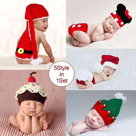 Baby First Christmas Hat 5Pcs Baby Hat Santa Christmas tree Cake Cap Design for Photography ()