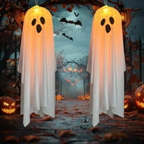 Halloween Decorations Hanging Ghost, 2PCS Halloween Light up Ghost Decorations Outdoor Indoor, Large Halloween Spooky Ghost with Warm Lights for Trees Door Front Yard Garden Home Party Decor
