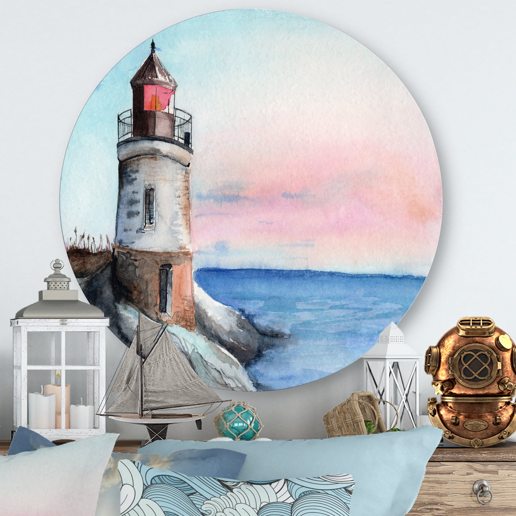 A Lighthouse On A Rock Shore At Dawn 11 in x 11 in Painting Art Prints, by Designart