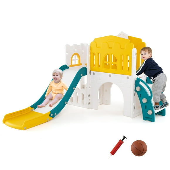 Gymax 9 in 1 Toddler Slide L Shaped Kids Slide & Climber Playset w/ Basketball Hoop Yellow