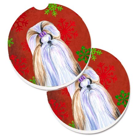 

Shih Tzu Red & Green Snowflakes Holiday Christmas Set of 2 Cup Holder Car Coaster