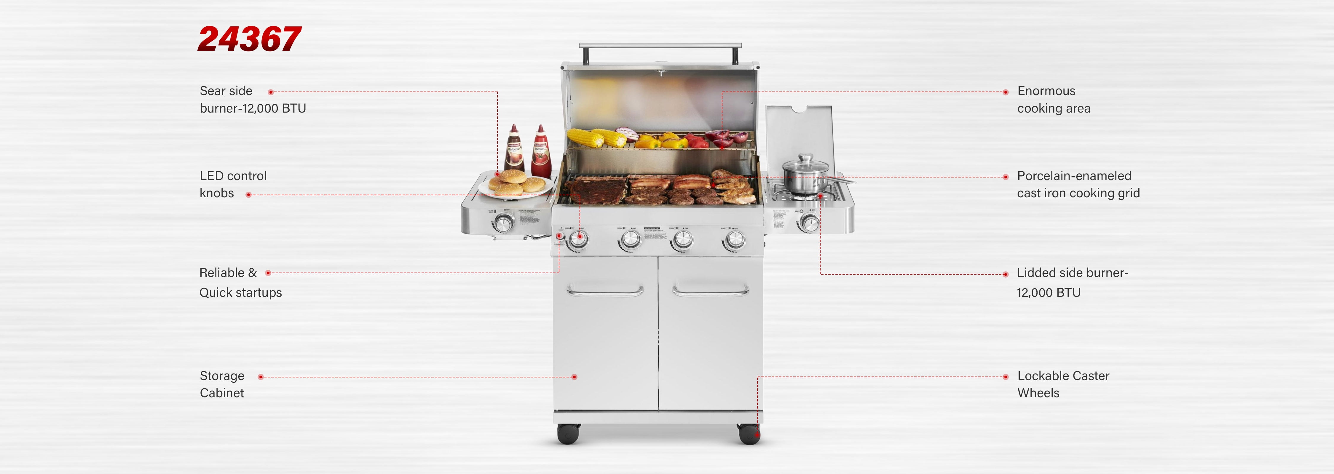 Monument Grills 4-Burner Propane Gas Grill in Stainless with LED Controls, Grill Cover, Side and Side Sear Burners