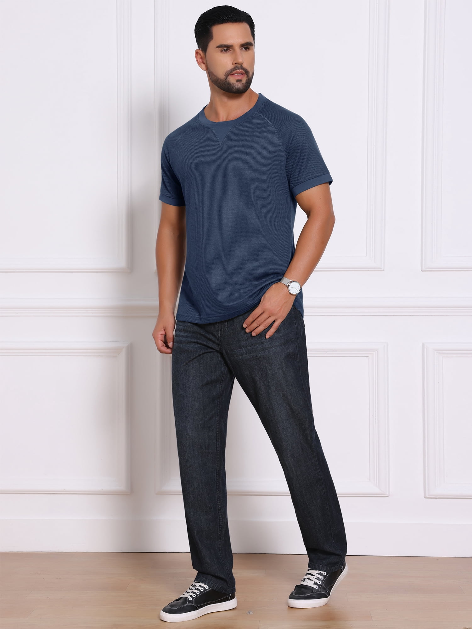 DARING DIVA Men's Waffle Fabric Classic Crew Neck Raglan Short Sleeves 2XL Navy Blue