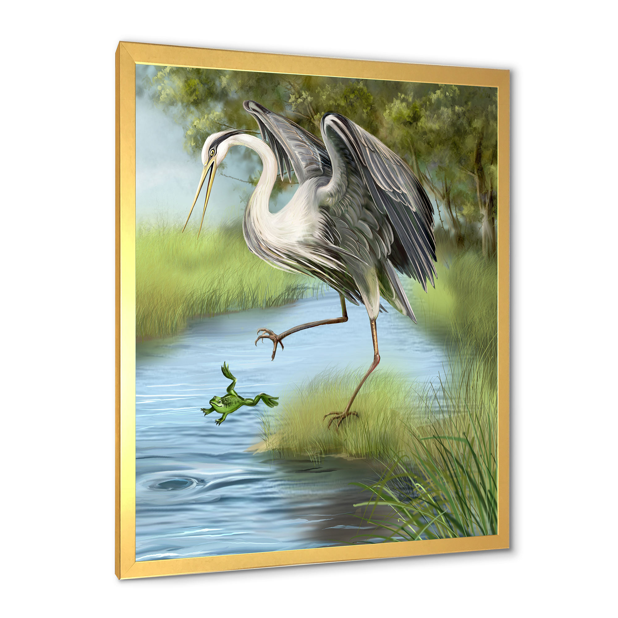 Designart 'Crane Hunting A Frog' Farmhouse Framed Art Print