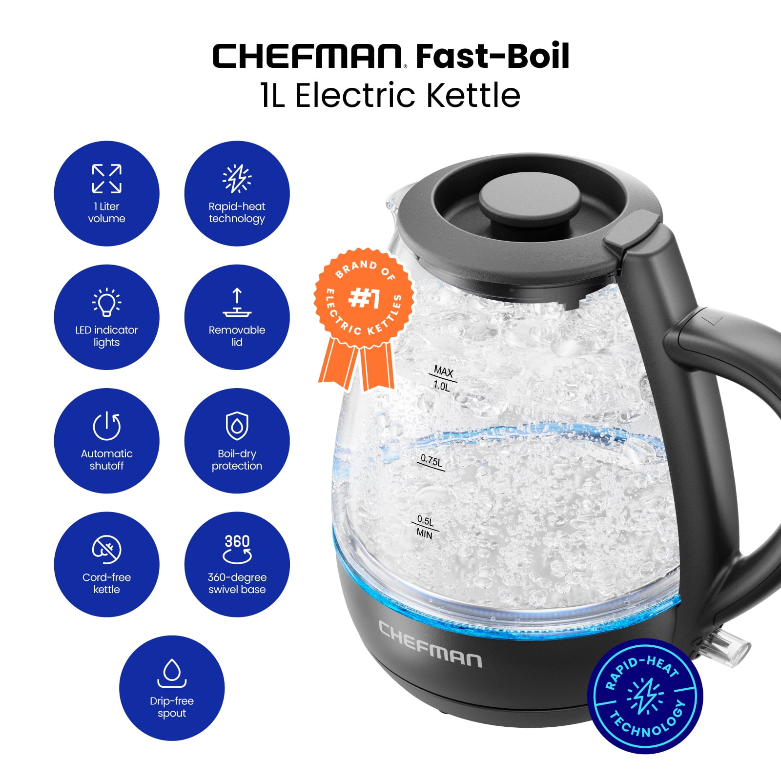 Chefman 1L Electric Glass Kettle w LED Indicator Light Automatic Shutoff Black New